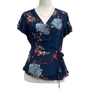 Pepe Jeans Ange Blue Floral Silky Wrap Front Peplum Blouse